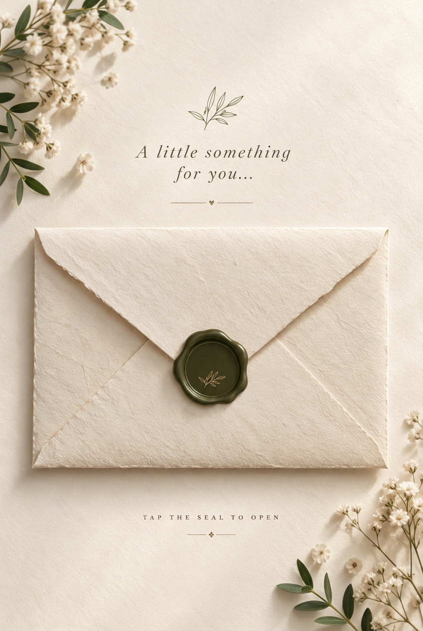 A handmade ivory envelope with botanical flowers and a wax seal